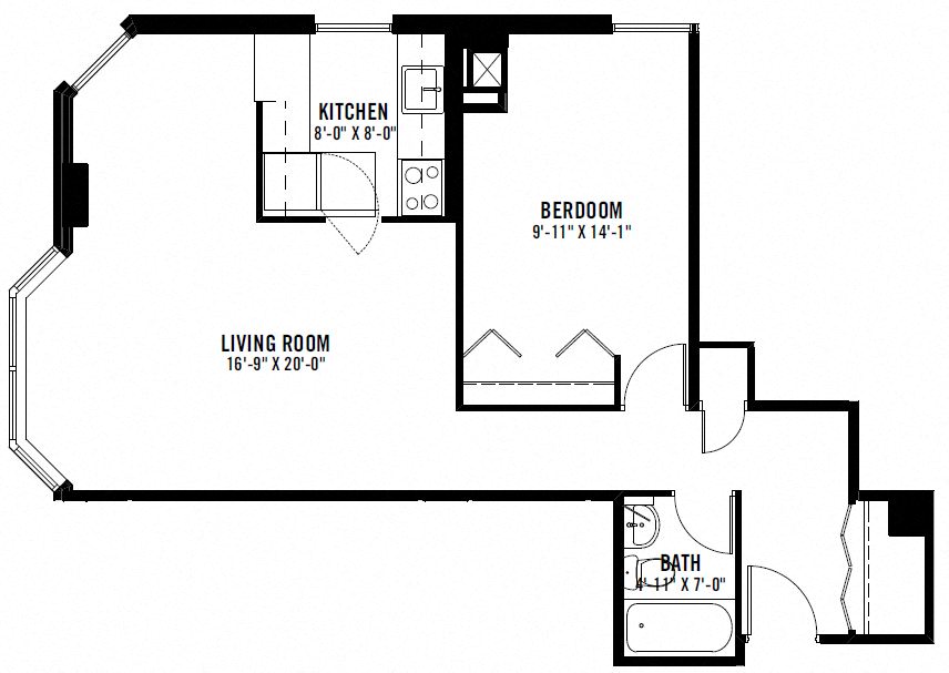 Floor plan for 1 bed, 1 bath